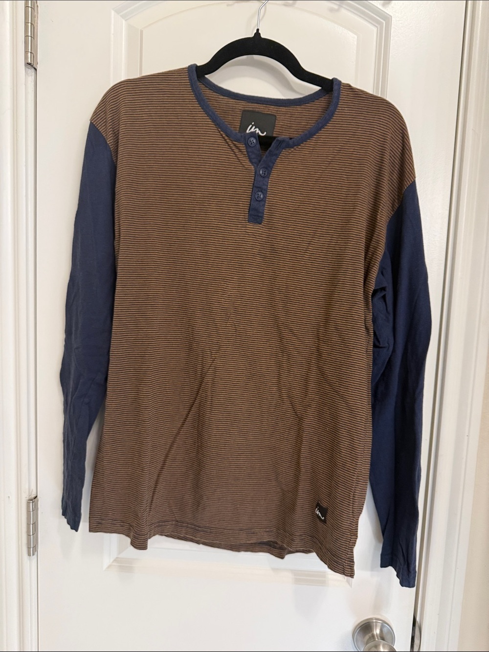 Imperial Motion Men's Brown Stripe Henley with Navy Long Sleeves